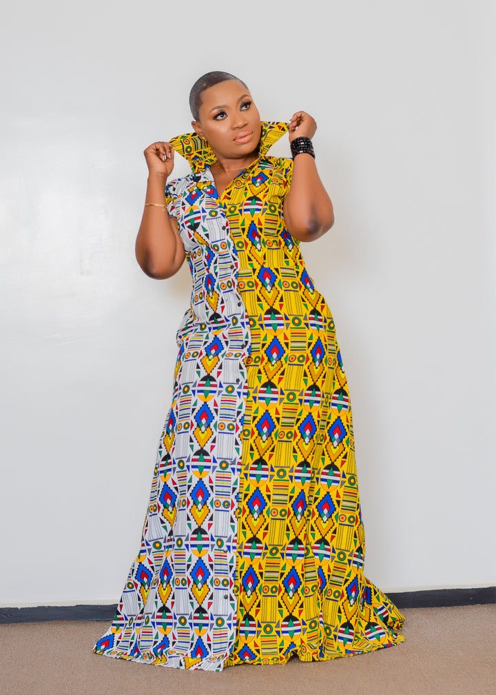 Two-Toned Ankara Patterned Dress With Collar