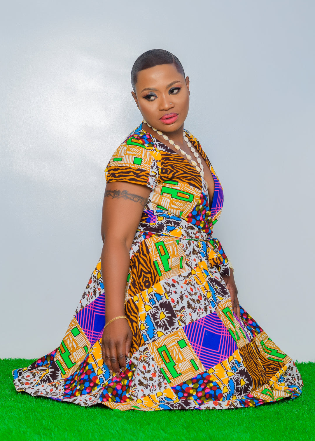 Ankara Patterned Dress With V-cut Neck