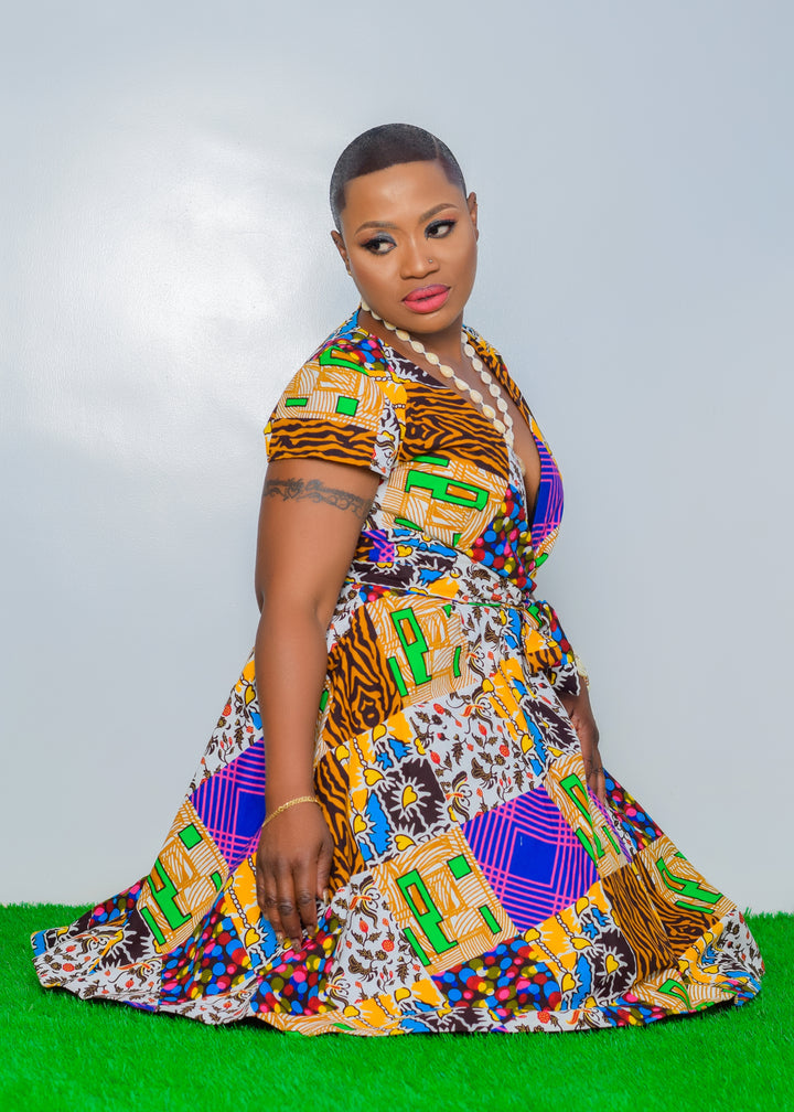 Ankara Patterned Dress With V-cut Neck