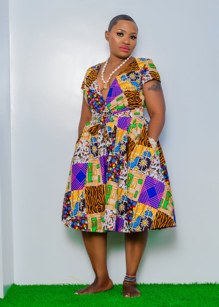 Ankara Patterned Dress With V-cut Neck