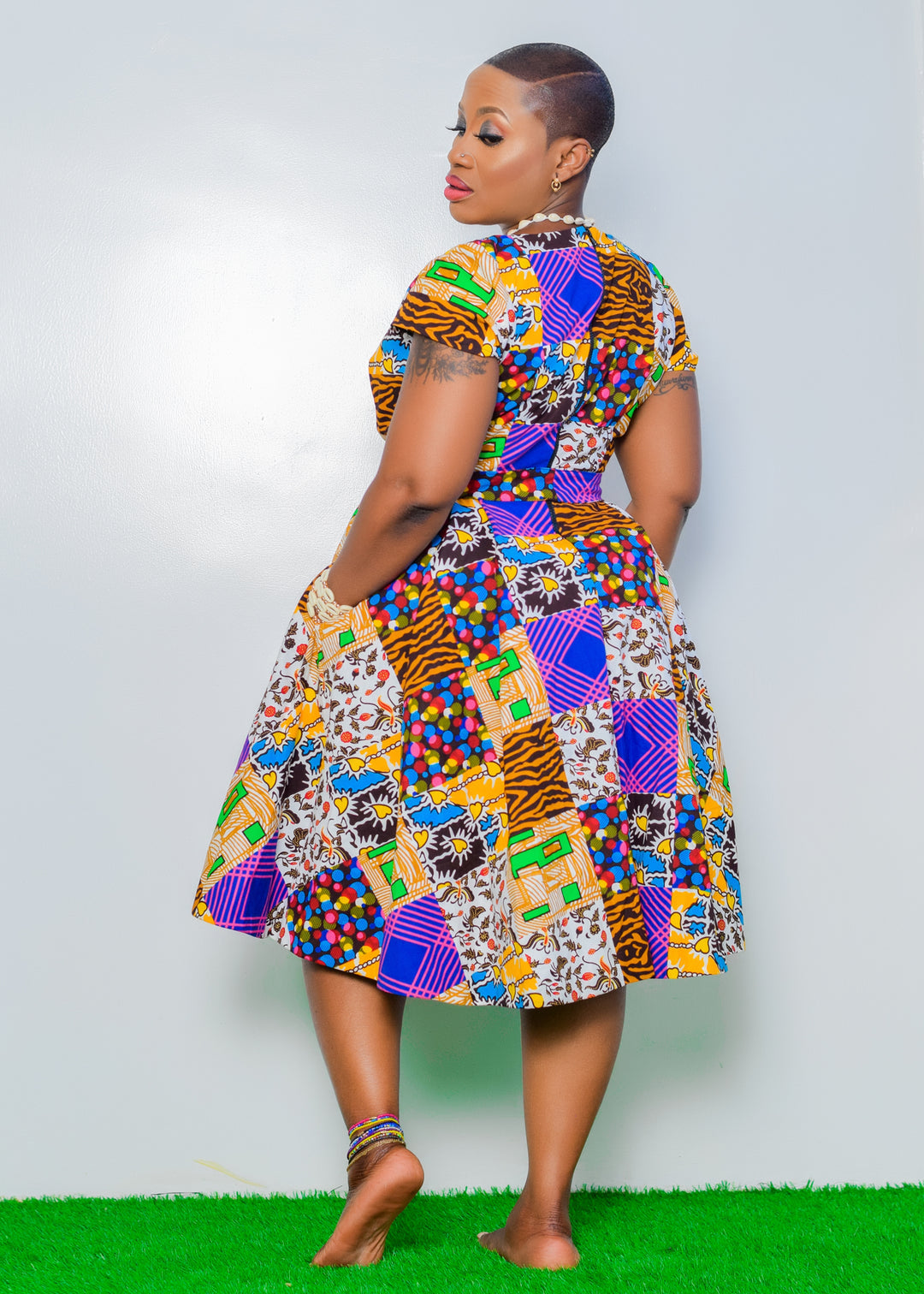 Ankara Patterned Dress With V-cut Neck